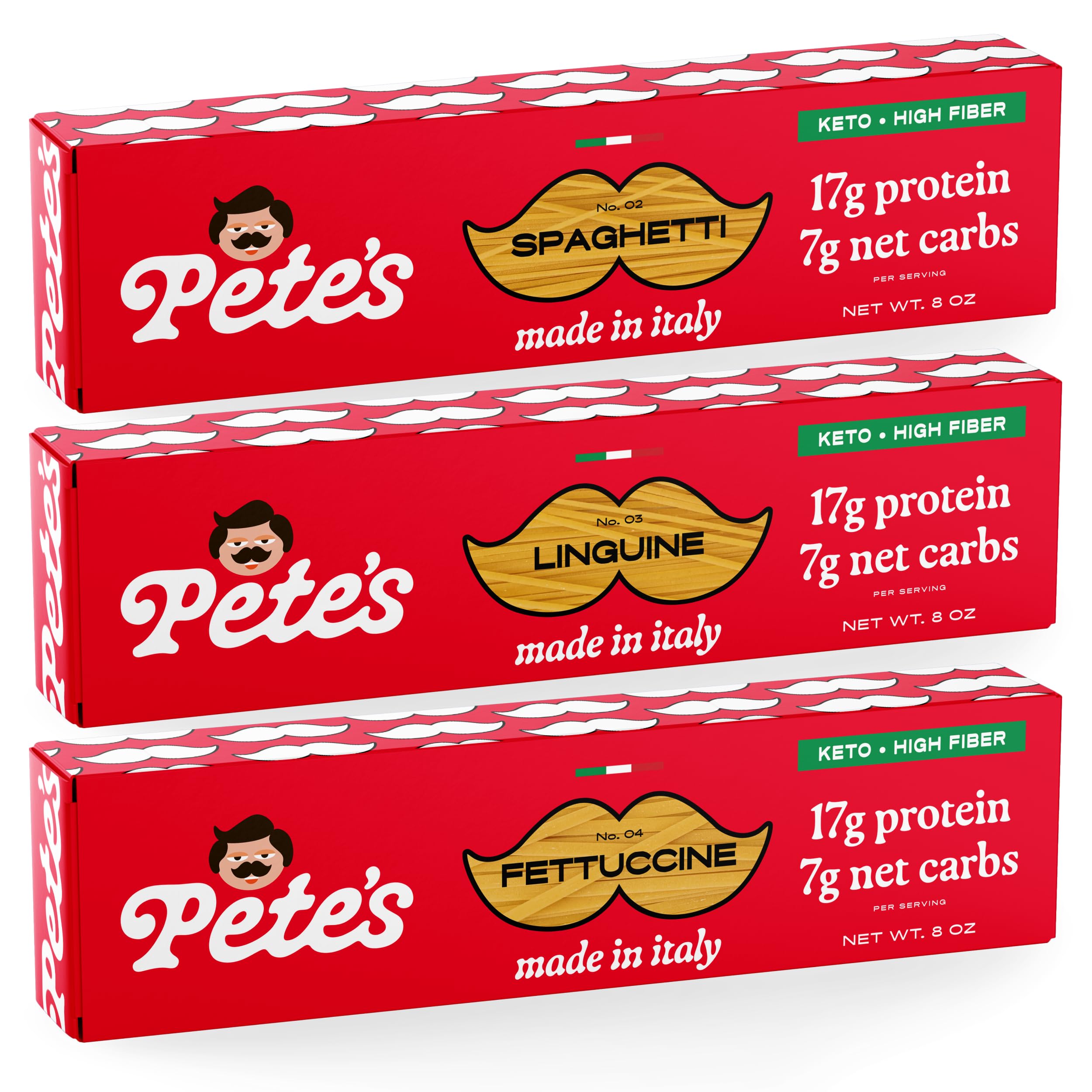 Pete's Pasta front packaging trio showing variety and convenience