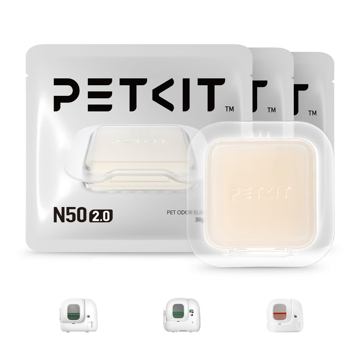 PETKIT N50 front packaging showing three cartridges and benefits