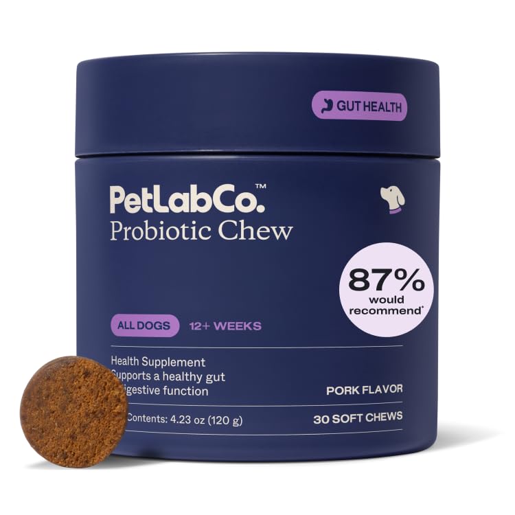 PetLab Co. front packaging showing 30-count bottle and benefits