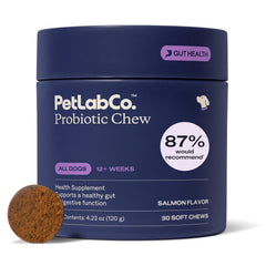 PetLab Co. front packaging showing salmon probiotic chews and benefits