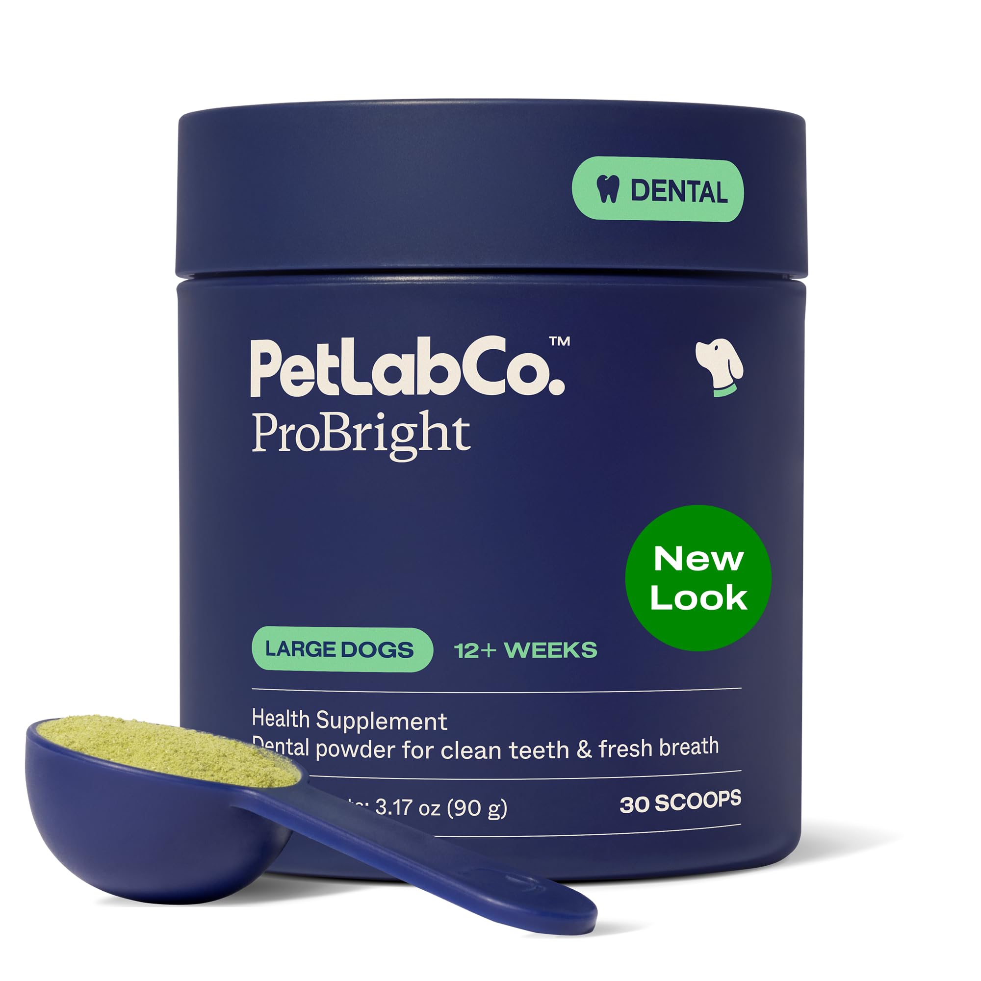 PetLab Co. jar front view showing ProBright dental powder for large dogs and clear label benefit