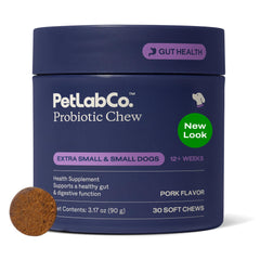 PetLab Co. package front showing small-dog probiotic chews and clear labeling benefit