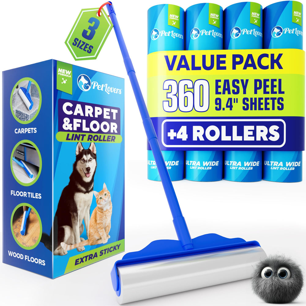 PetLovers floor roller front view showing wide 9.4-inch head for fast cleaning