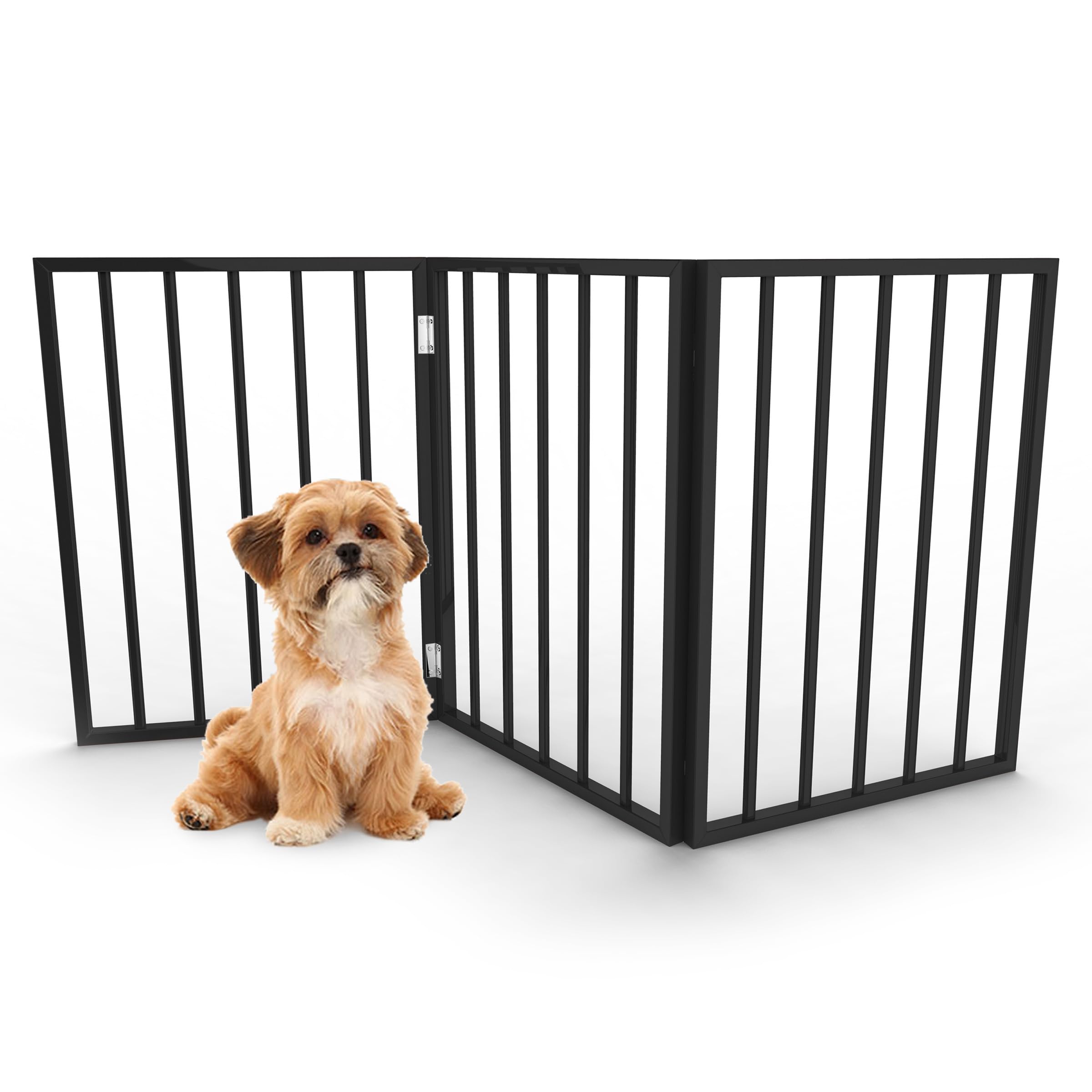 PETMAKER front view of gate unfolded showing full coverage and a sleek black finish