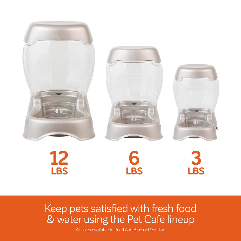 Petmate feeder next to a measuring cup showing size and capacity