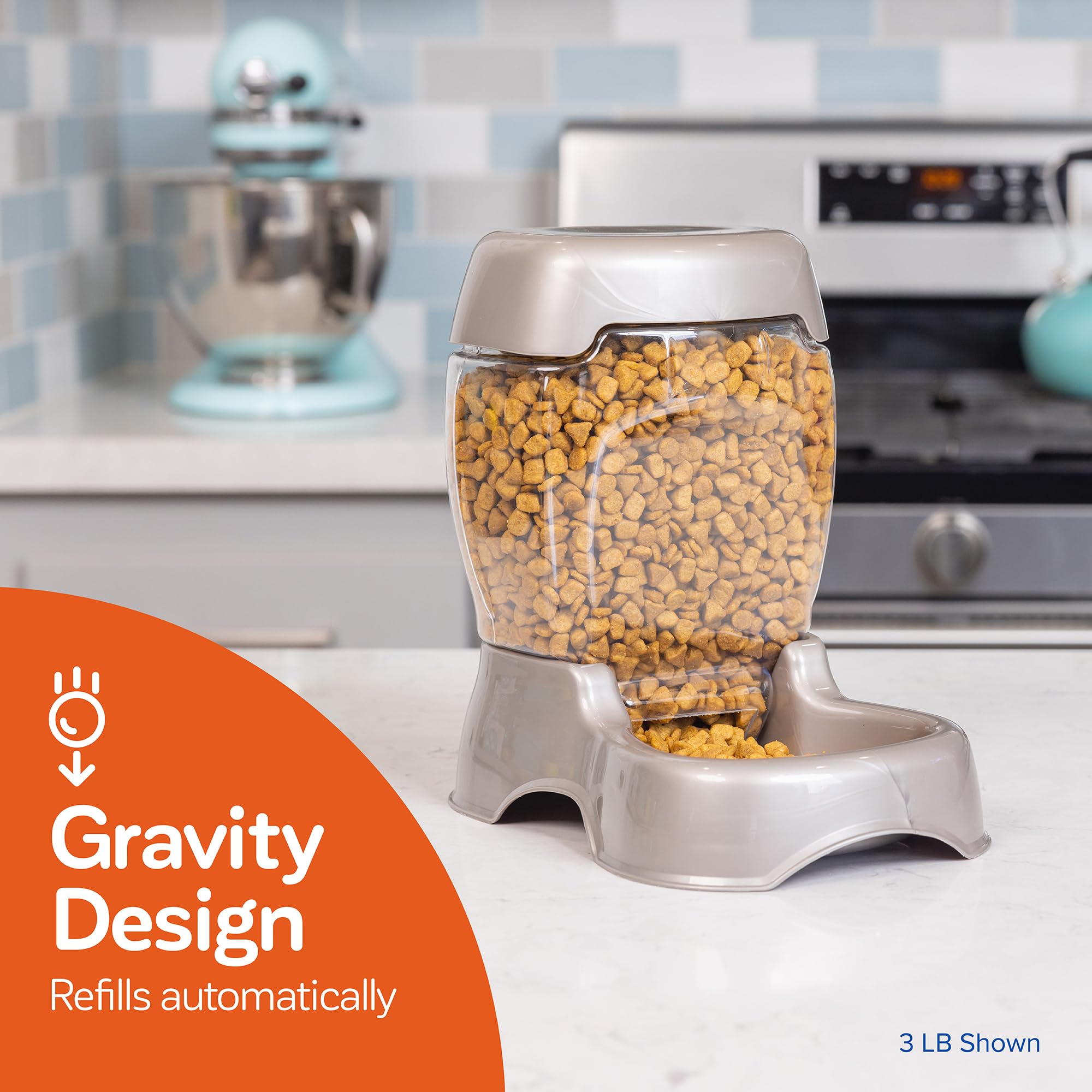 Petmate pearlescent feeder side profile highlighting low-tipping base and finish