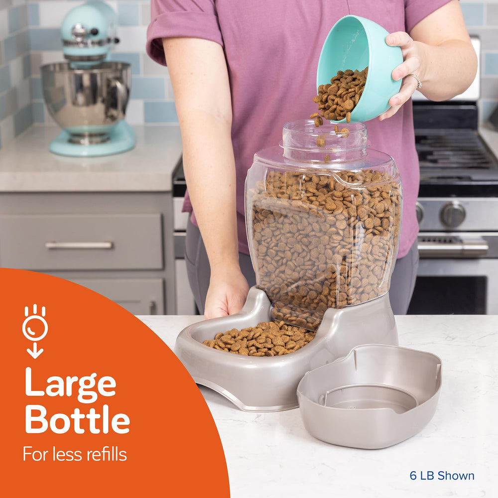 Petmate feeder filled with kibble illustrating continuous food supply