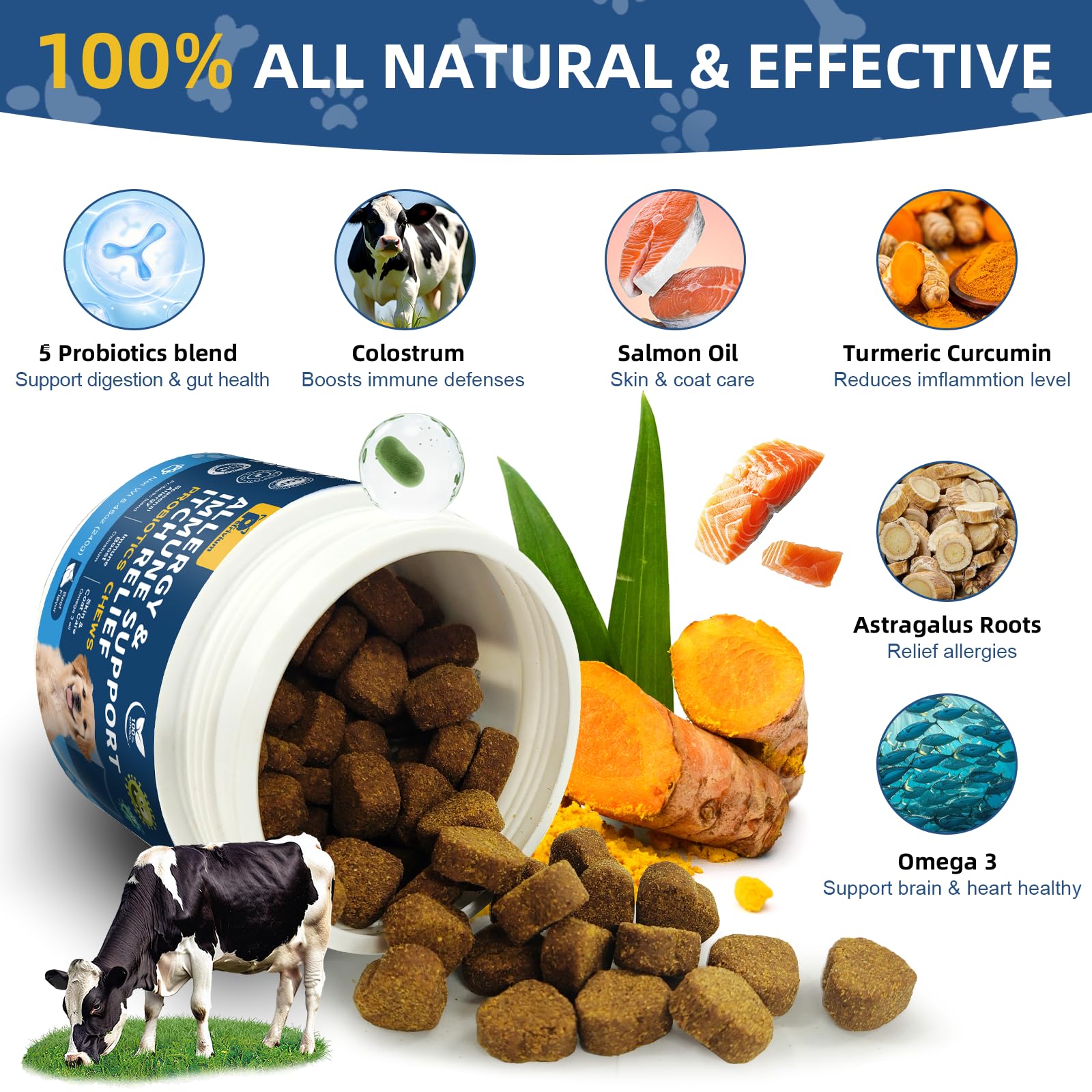 Petrivium ingredients layout including fish oil and colostrum, emphasizes natural support