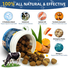 Petrivium ingredients layout including fish oil and colostrum, emphasizes natural support