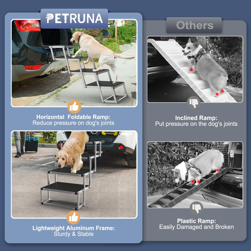 PetRuna dog using stairs to enter car offering safe low-impact access