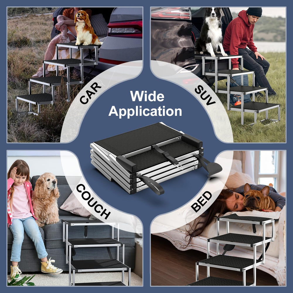 PetRuna folded stairs in trunk demonstrating easy portable storage