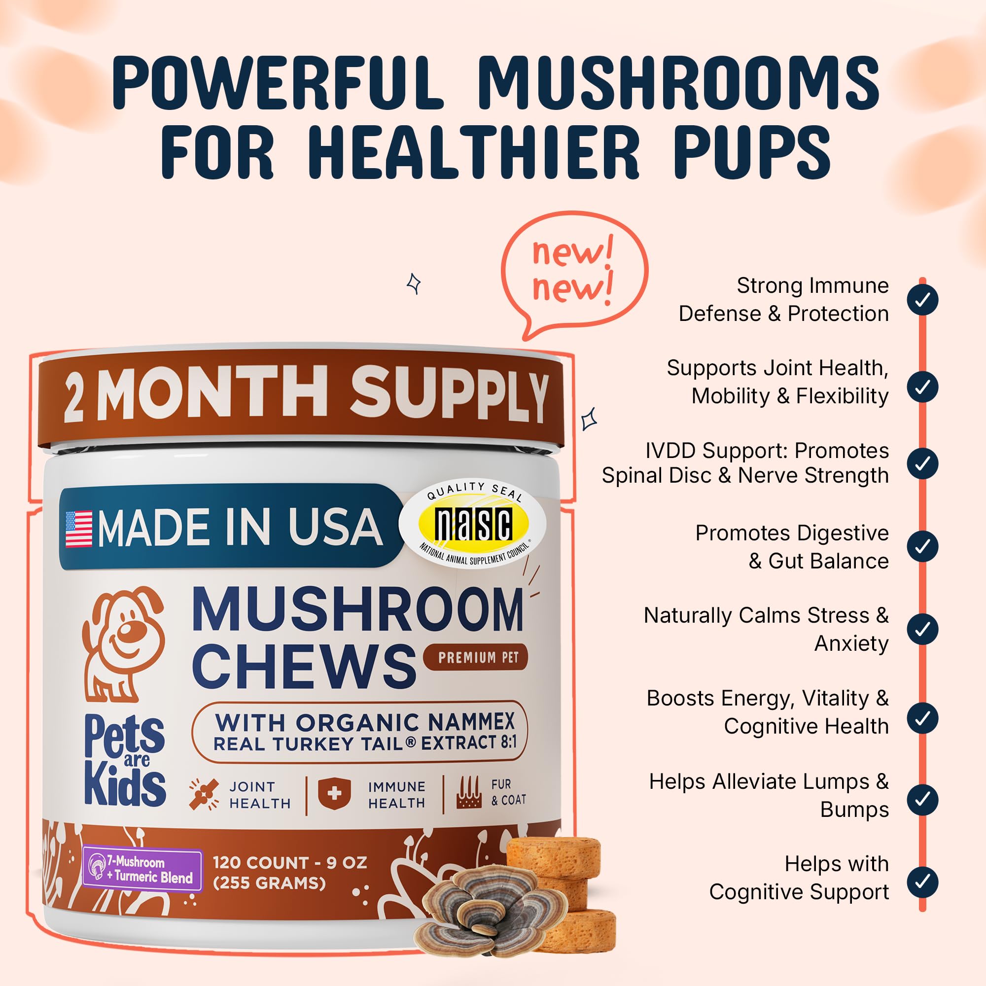 Pets Are Kids Too close-up of chew texture showing natural mushroom pieces