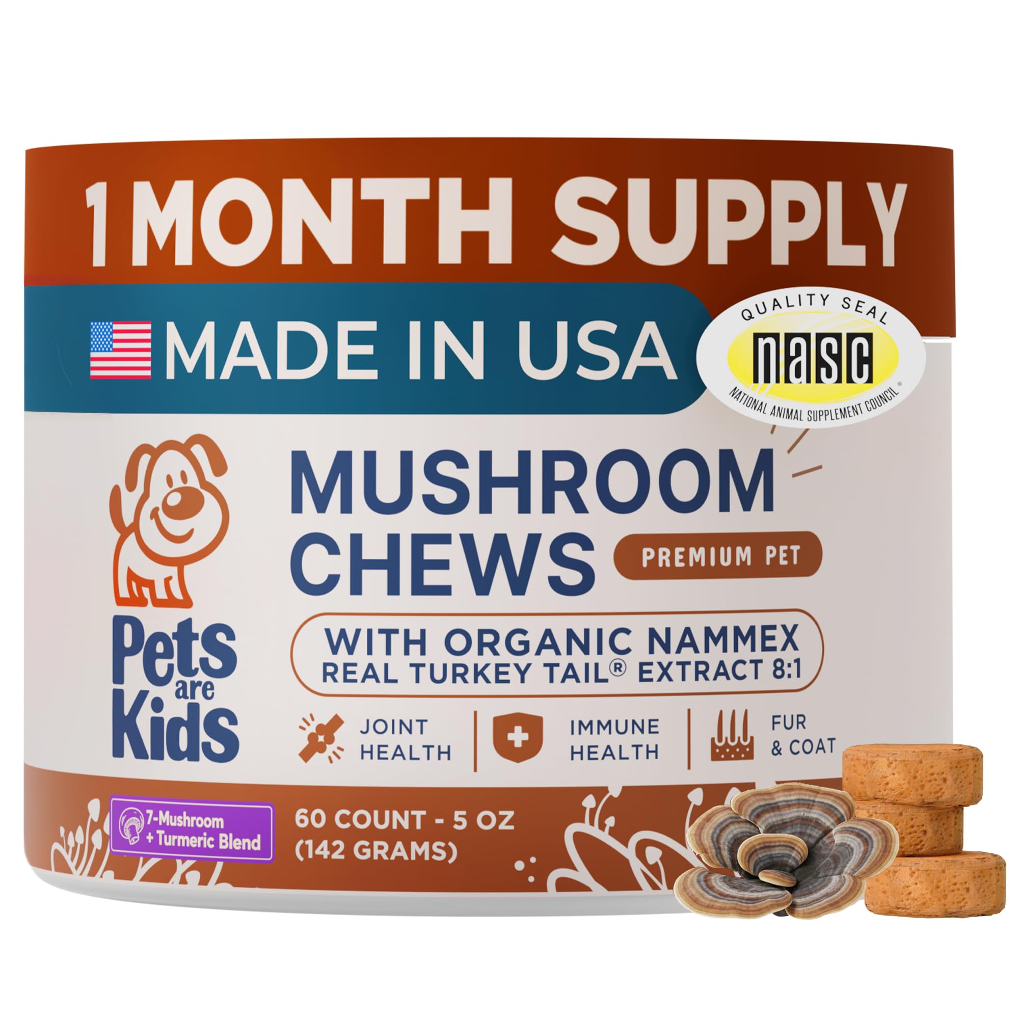 Pets Are Kids Too front pack showing turkey tail chews and benefits