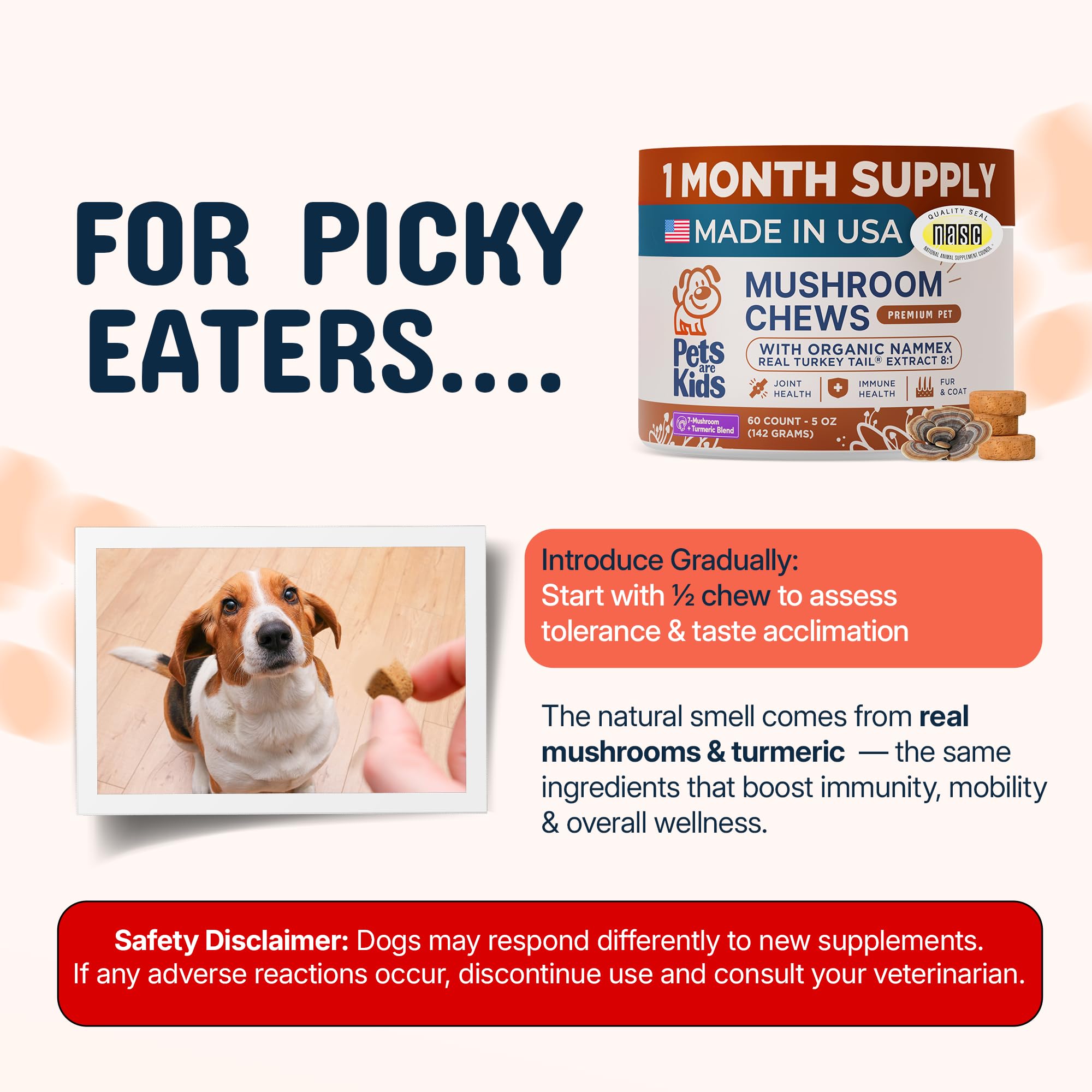 Pets Are Kids Too ingredient layout with mushrooms and turmeric for transparency