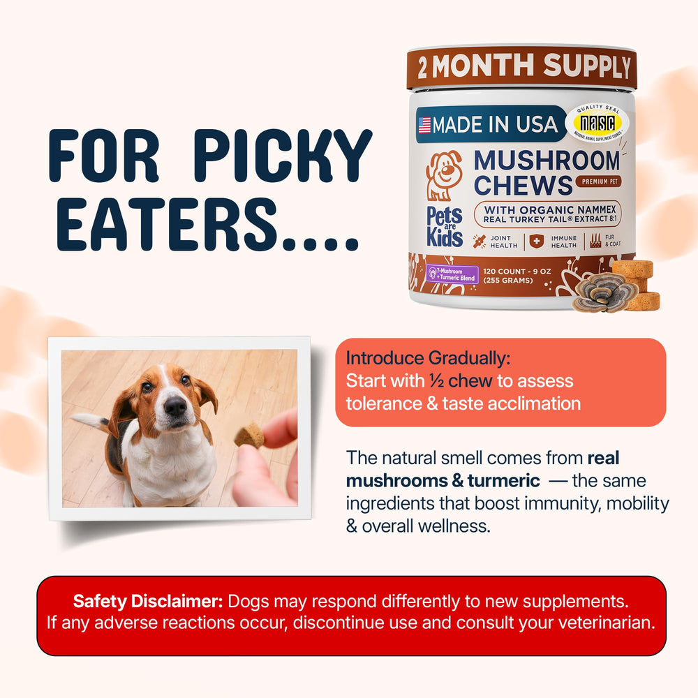 Pets Are Kids Too ingredients label close-up highlighting mushroom blend