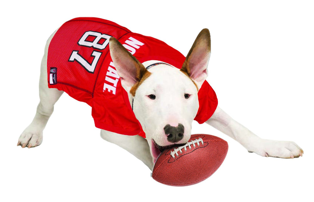 Pets First close-up of Wolfpack logo print and satin trim highlighting authentic detail