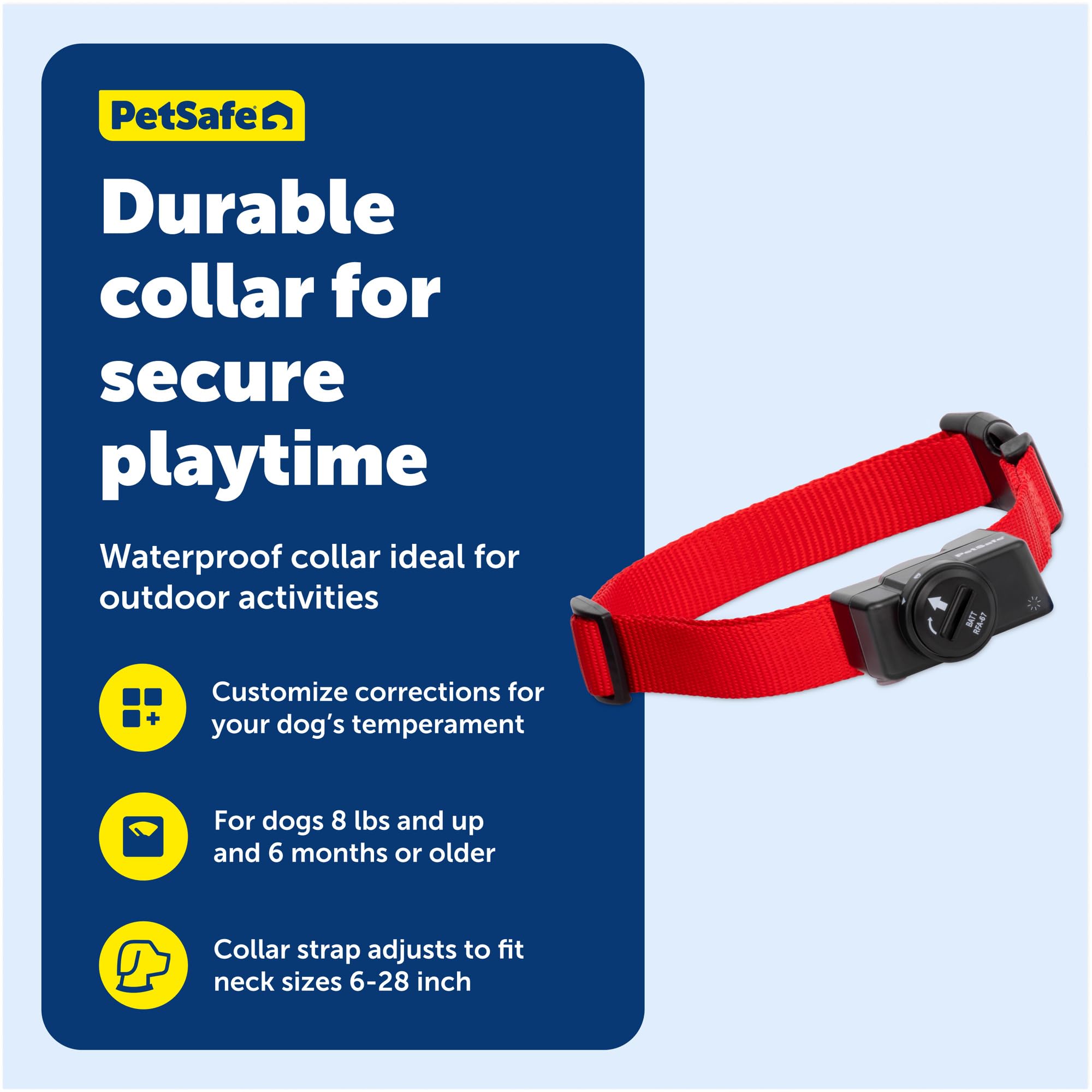 PetSafe collar beside ruler demonstrates adjustable fit for many neck sizes