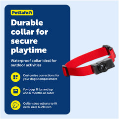 PetSafe collar beside ruler demonstrates adjustable fit for many neck sizes