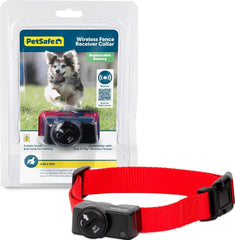 PetSafe receiver collar front view showing controls and secure fit benefit