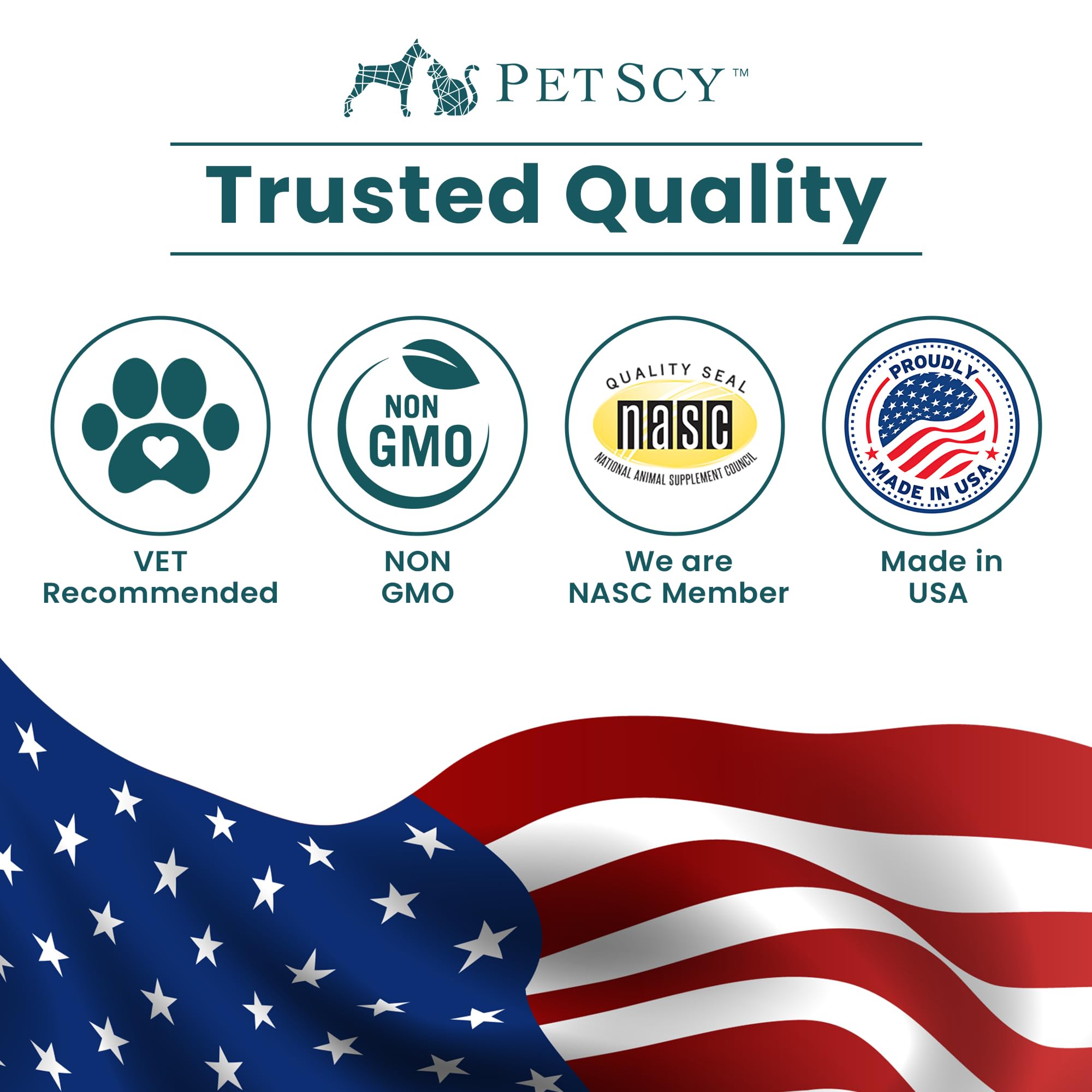 Petscy ingredient blend graphic highlighting colostrum and quercetin benefits