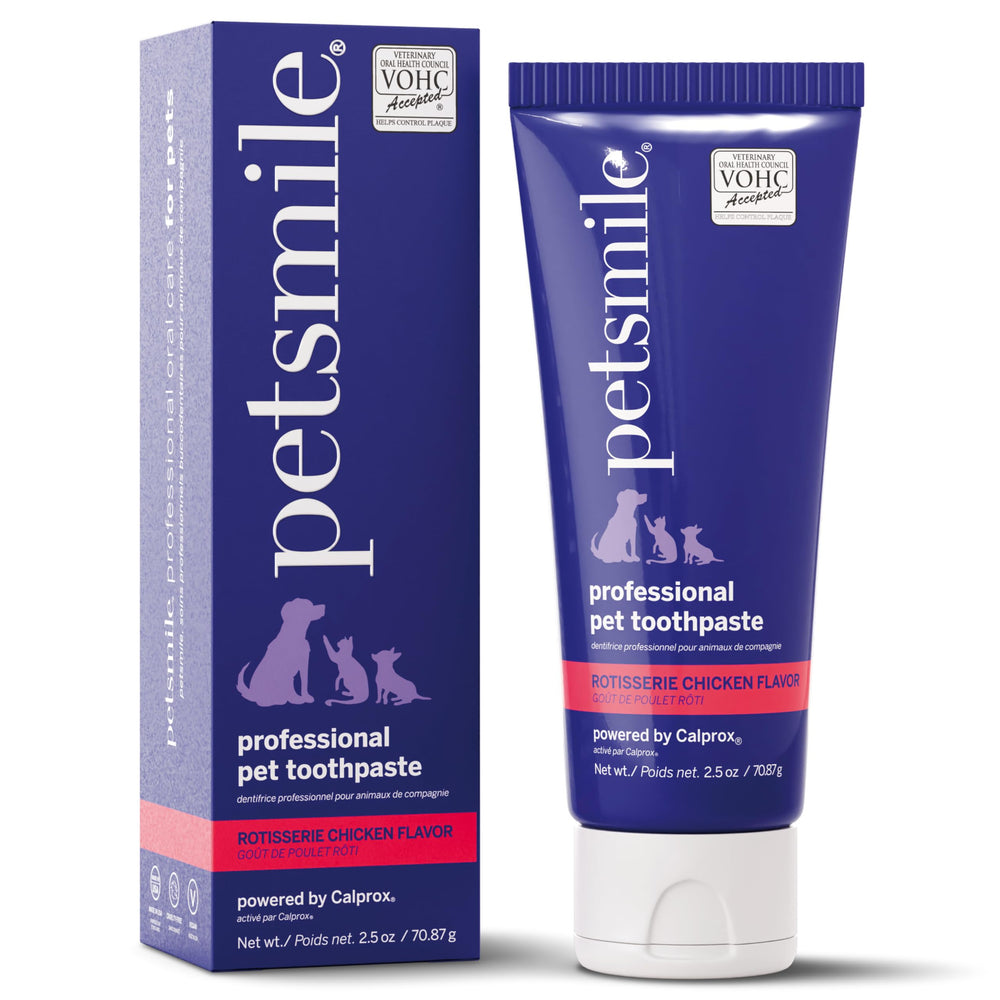 petsmile front tube rotisserie chicken toothpaste showing label and size benefit: clear identification