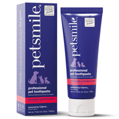 petsmile front tube rotisserie chicken toothpaste showing label and size benefit: clear identification