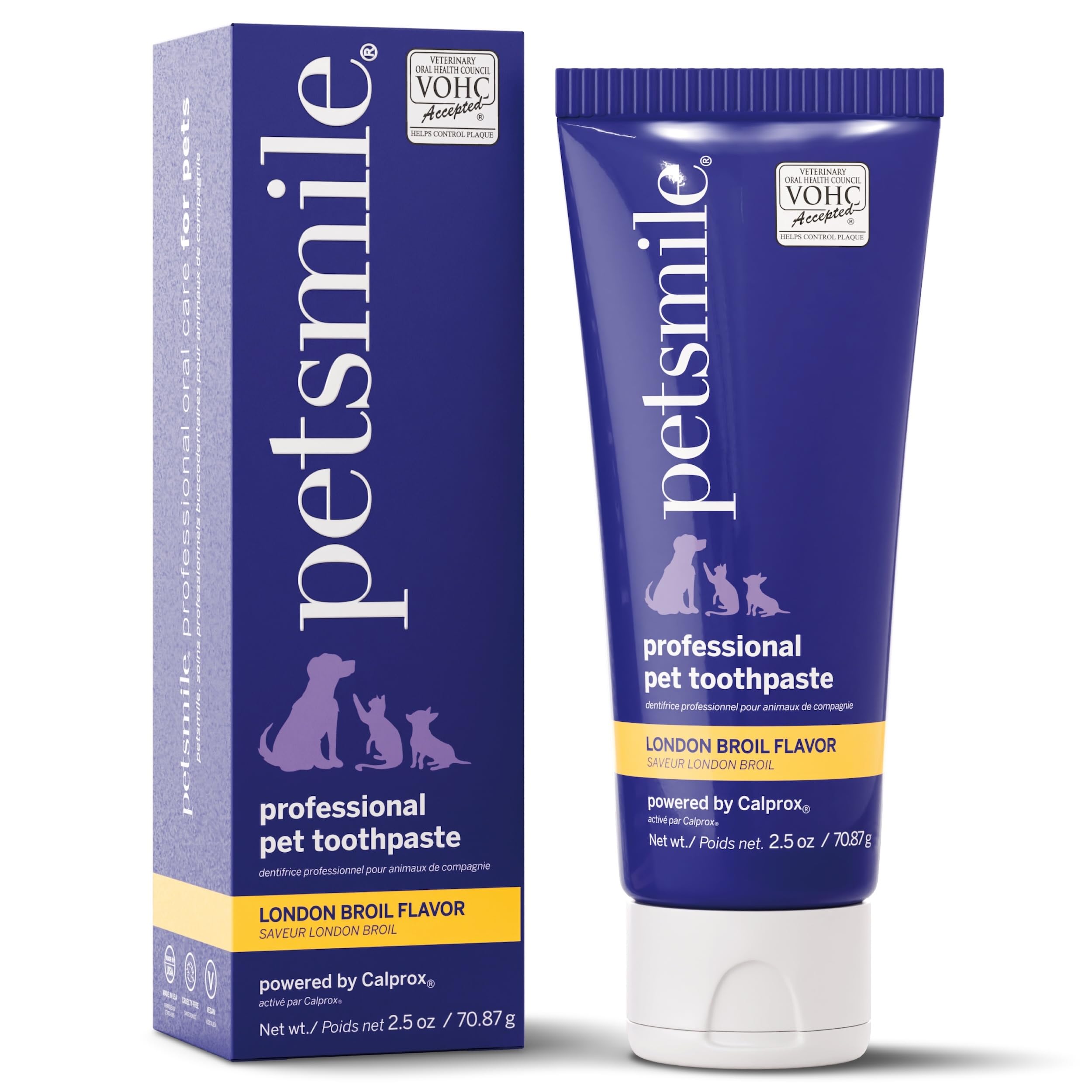 Petsmile front tube showing London Broil label and VOHC benefit