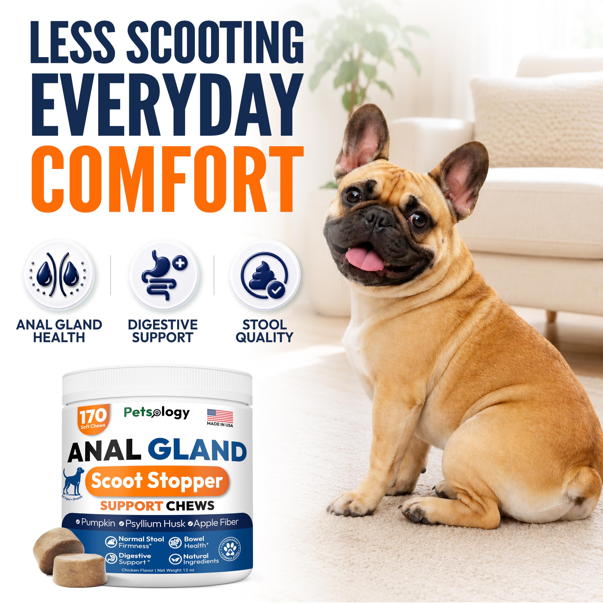 Petsology chew close-up texture, soft chew visible and easy-to-feed benefit
