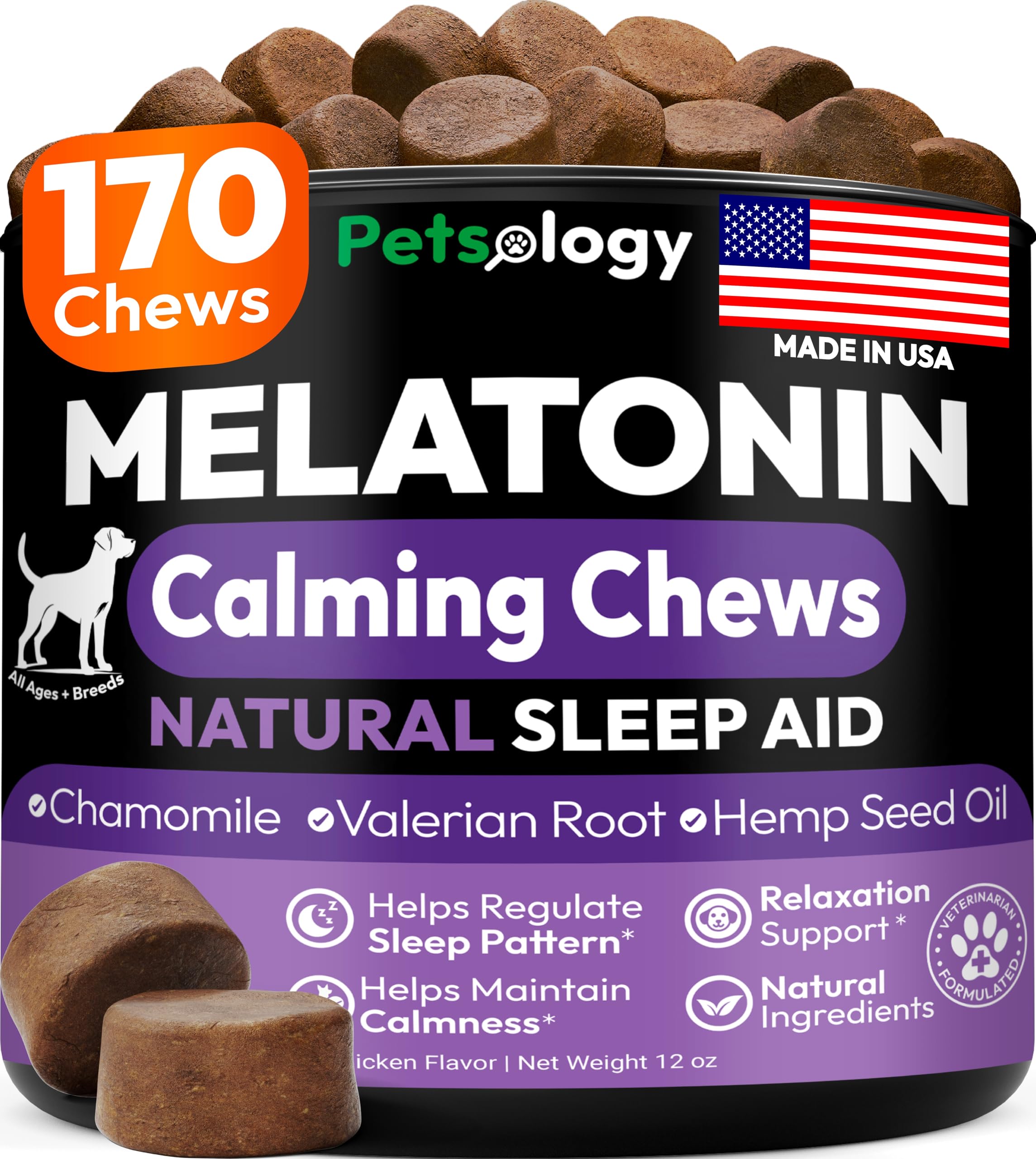 Petsology front package showing calming chews and clear labeling benefit: easy dosing