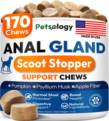Petsology front packaging jar showing 170-count chews and product name benefit