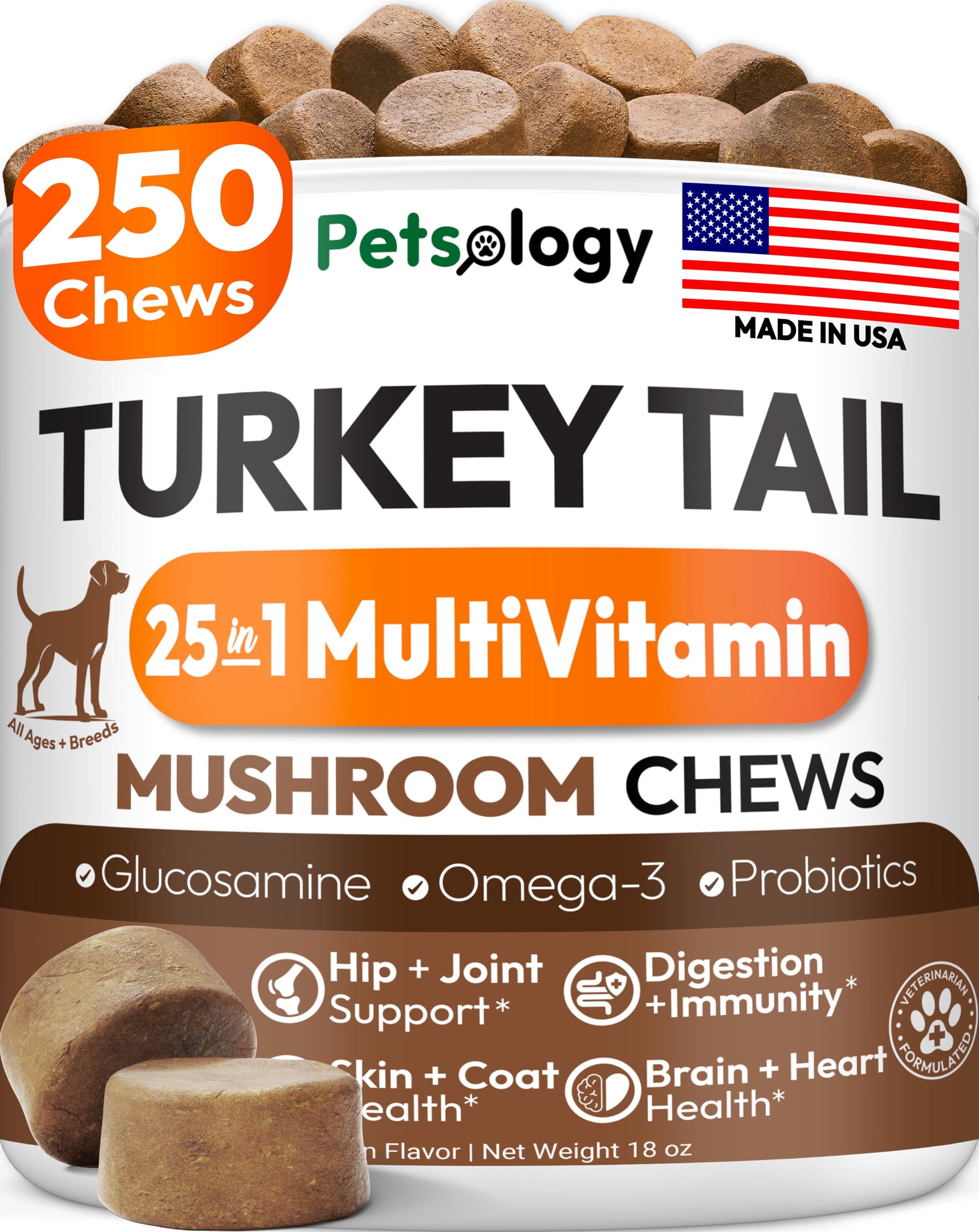 Petsology front packaging showing turkey tail chews and jar benefits