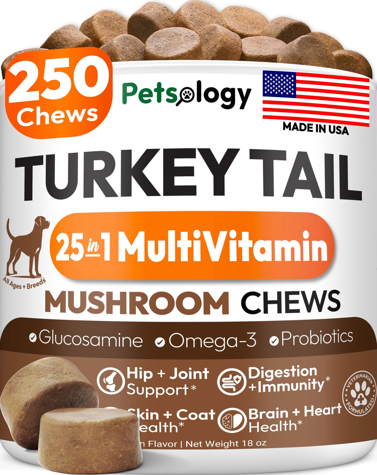 Petsology front packaging showing turkey tail chews and jar benefits