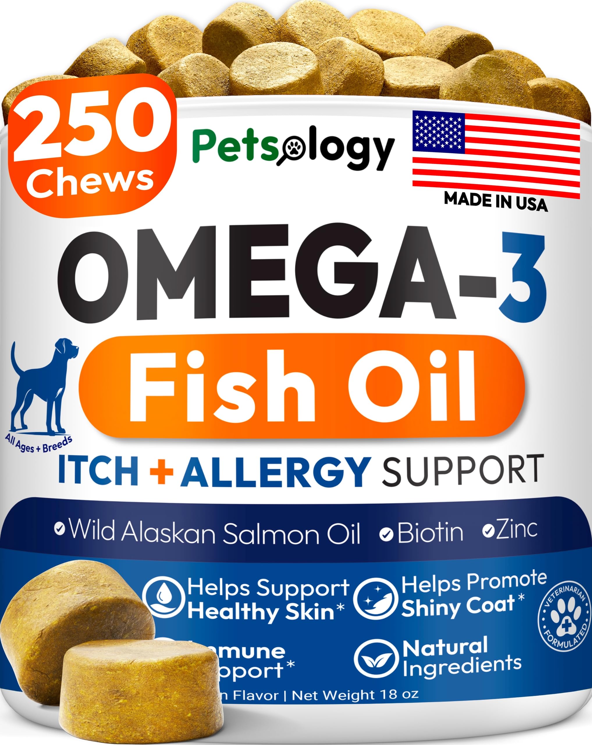 Petsology front packaging showing supplement benefits and 250 count