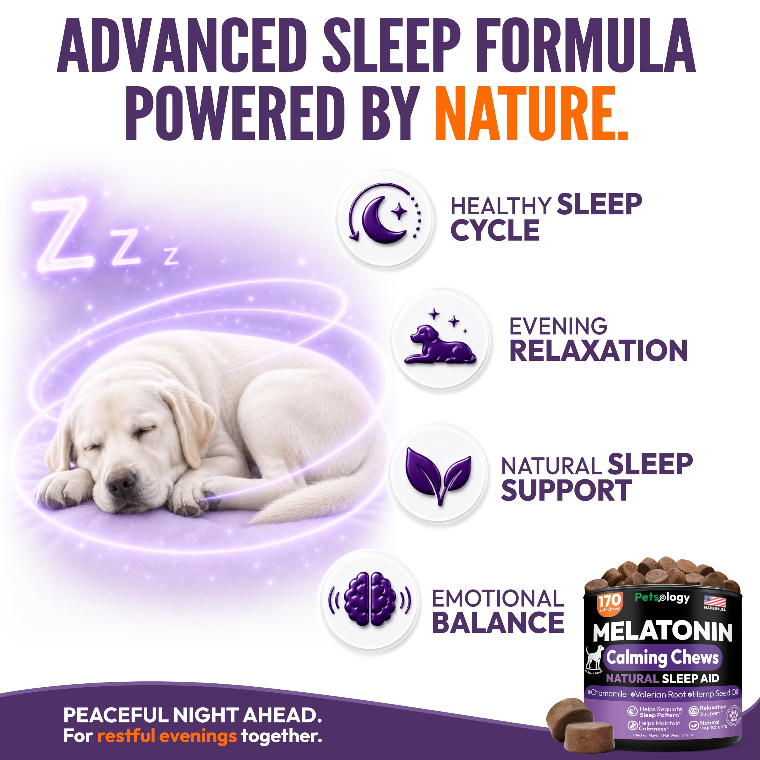 Petsology ingredient label close-up showing melatonin and nutrients for supportive benefit