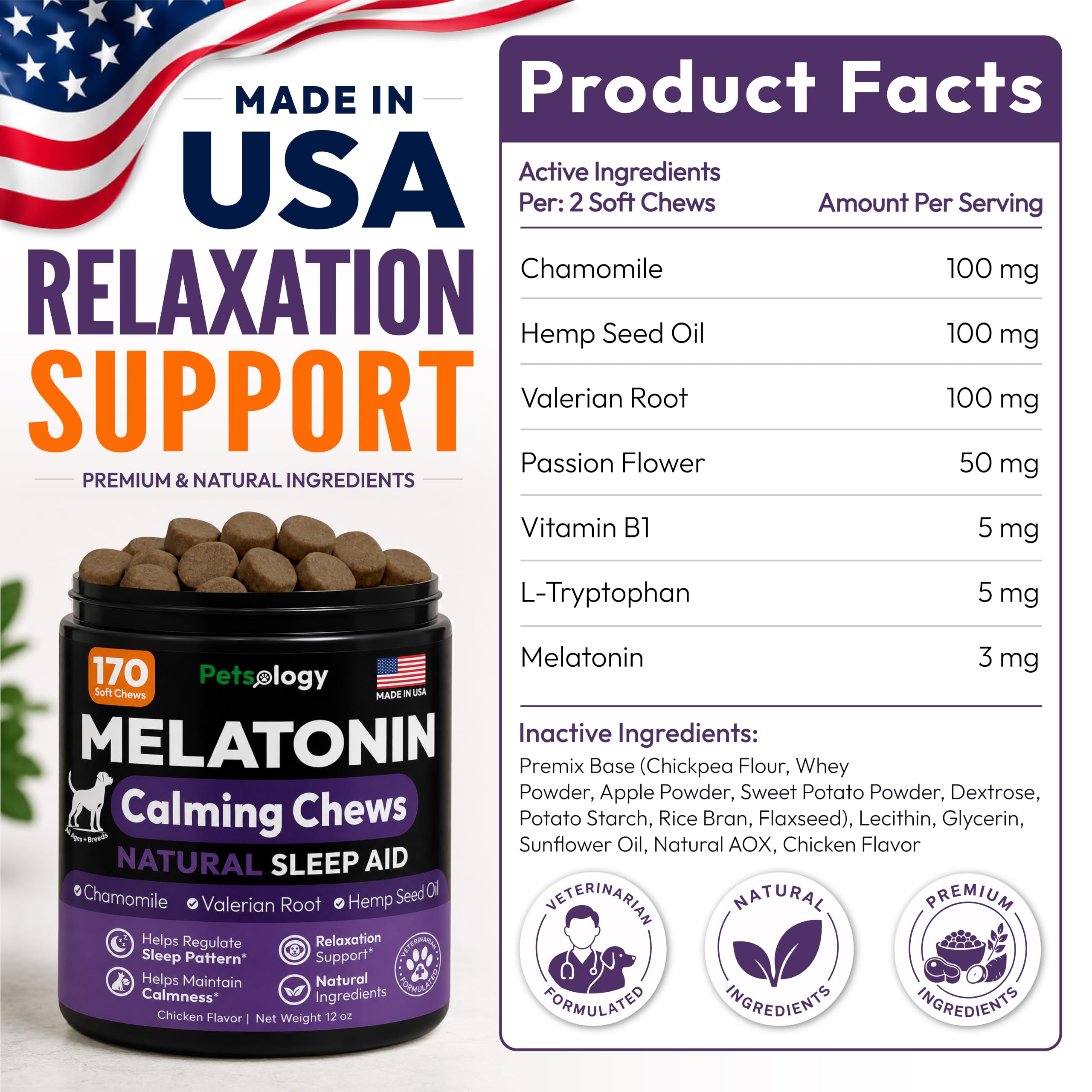 Petsology manufacturing bottle image showing made in USA quality and safety benefit