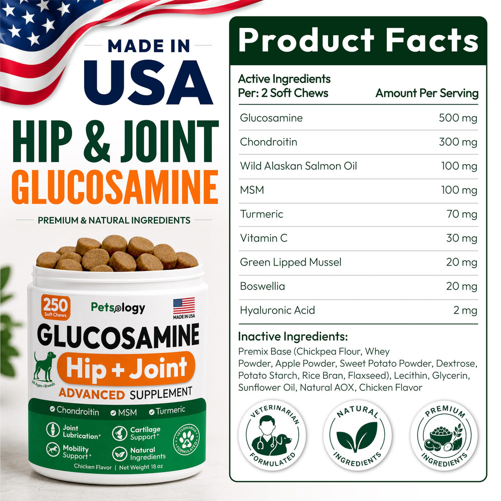 Petsology bottle with vet notes representing manufactured-in-USA quality