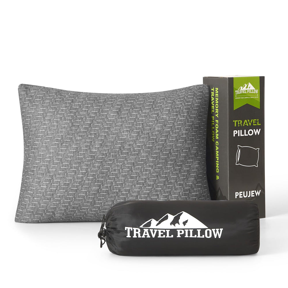 PEUJEW front view travel pillow showing compact, supportive shape and softness