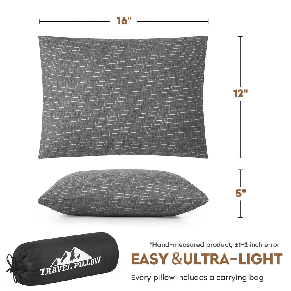 PEUJEW pillow packed inside backpack demonstrating portability and space-saving benefit