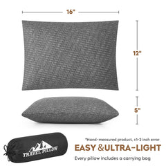 PEUJEW pillow packed inside backpack demonstrating portability and space-saving benefit