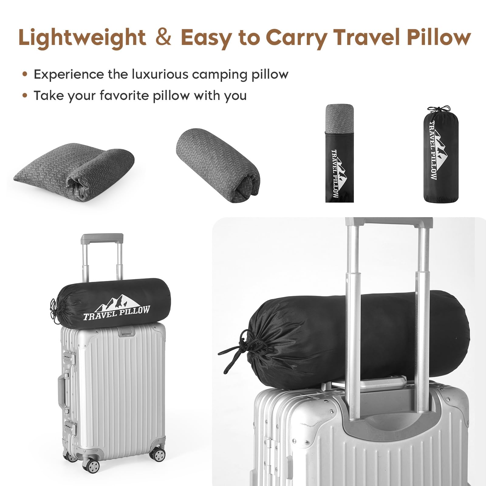 PEUJEW pillow size comparison next to water bottle showing compact scale for packing