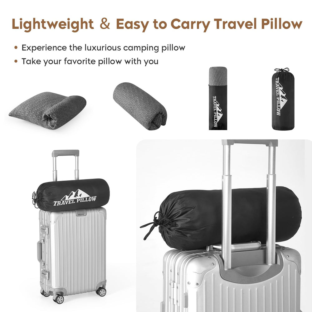 PEUJEW pillow size comparison next to water bottle showing compact scale for packing