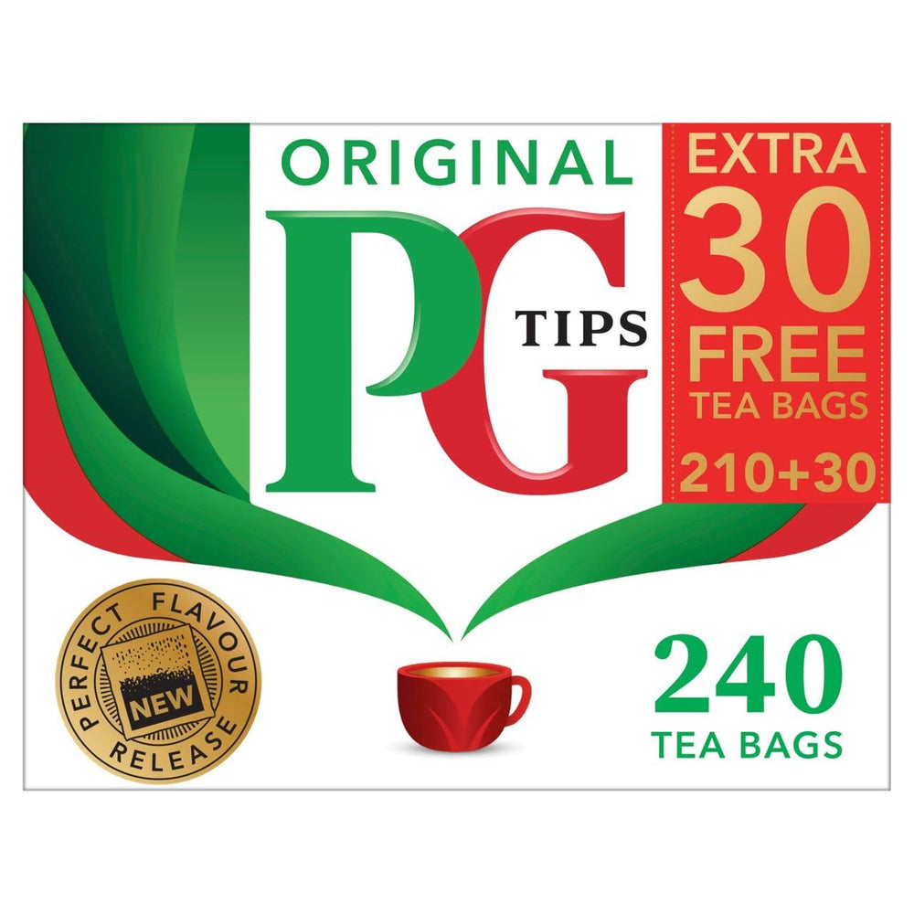 PG Tips front packaging showing 240-count box and clear branding, convenient stock-up benefit