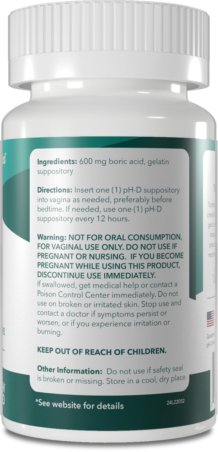 pH-D ingredient label detail emphasizing single-ingredient 600 mg boric acid per suppository