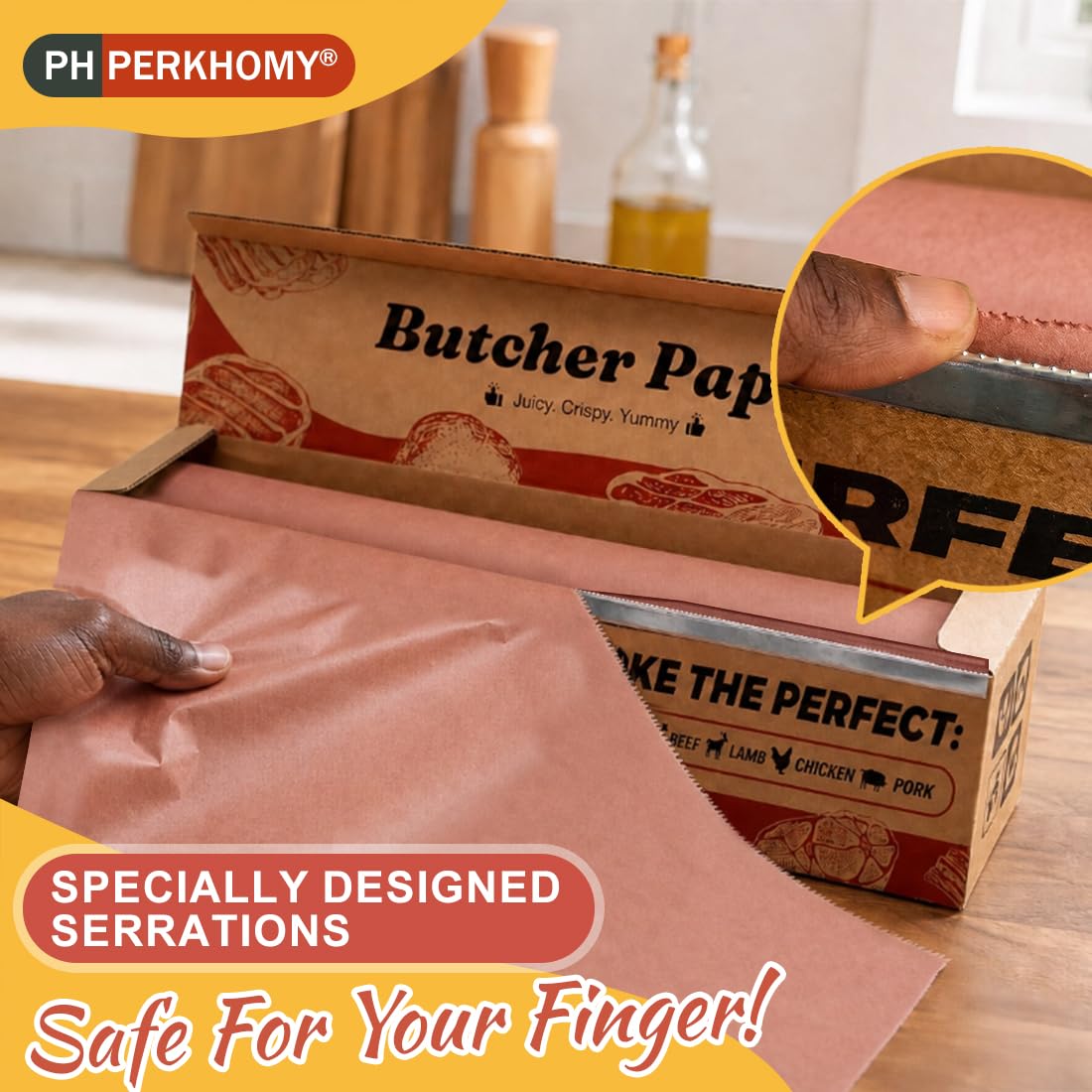 PH PERKHOMY serrated cutter detail, enables clean one-handed tearing