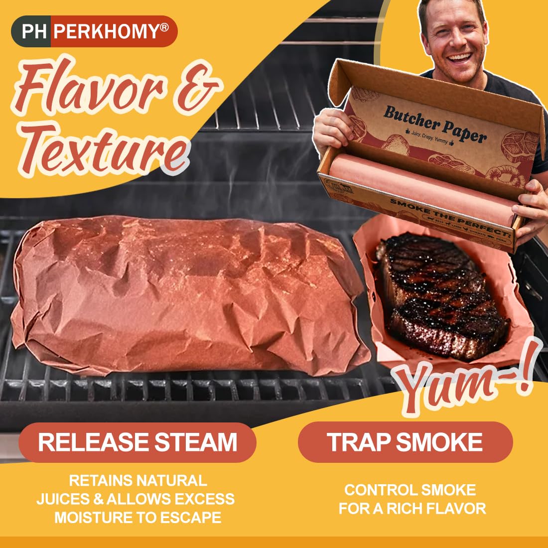PH PERKHOMY wrapped brisket in smoker, preserves juices and bark