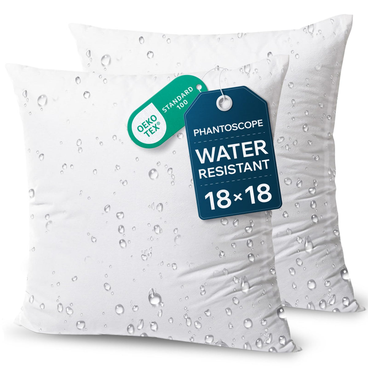 Phantoscope front view of two 18x18 waterproof pillow inserts showing neat square shape and protection