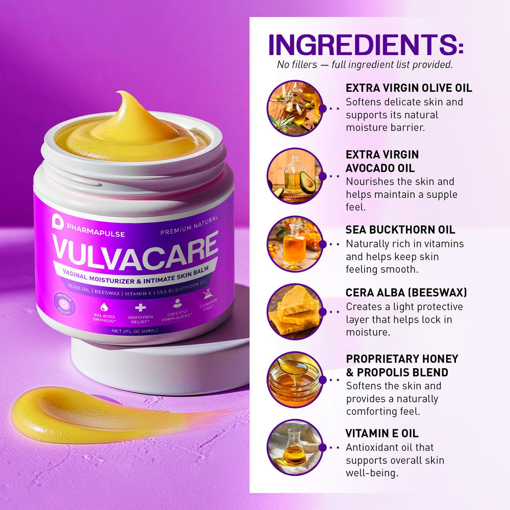 Pharmapulse Vulvacare label and ingredients list highlighting natural, hormone-free formula
