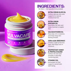 Pharmapulse Vulvacare label and ingredients list highlighting natural, hormone-free formula