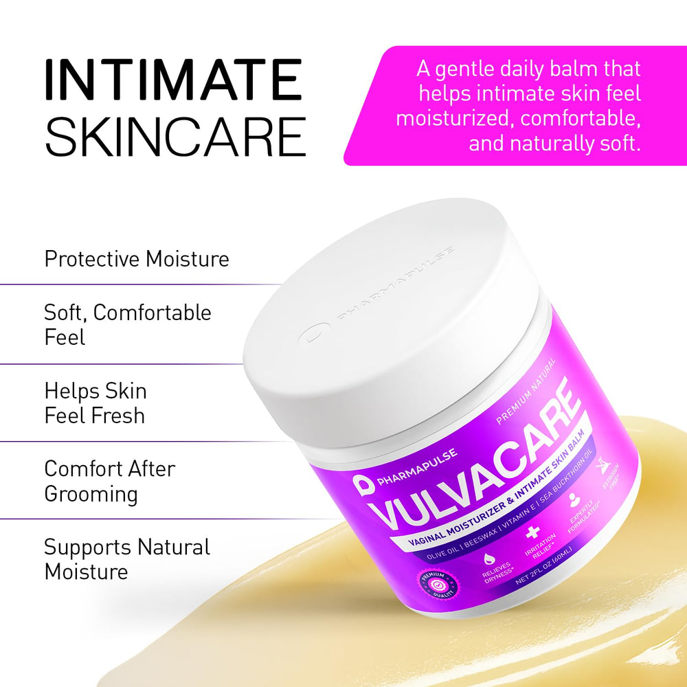 Pharmapulse Vulvacare beside common 2oz items showing compact travel-ready size