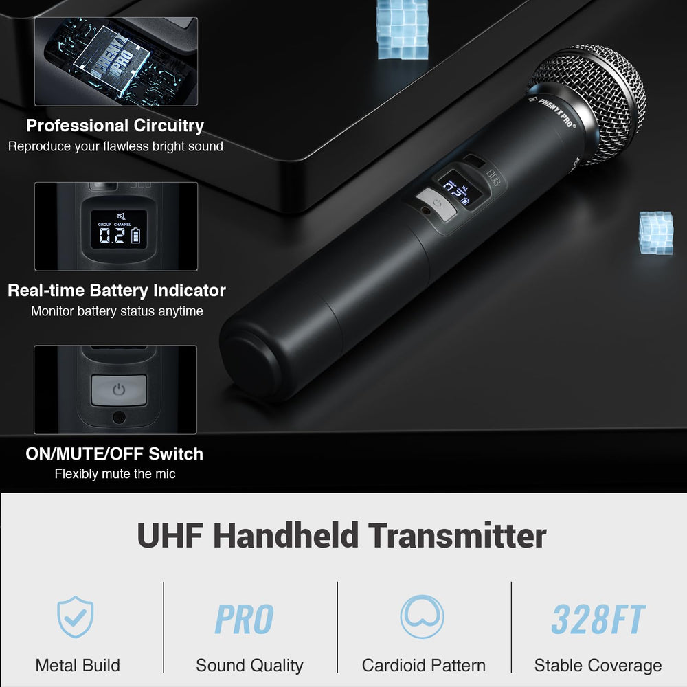 Phenyx Pro receiver back panel with audio outputs and adapters for easy connections